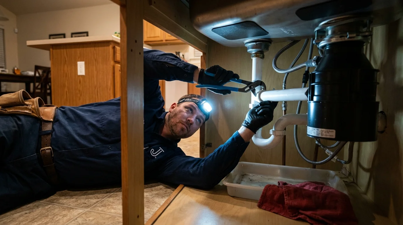 P-trap and supply line connections under a kitchen sink showing a common leak point in Sherwood, OR